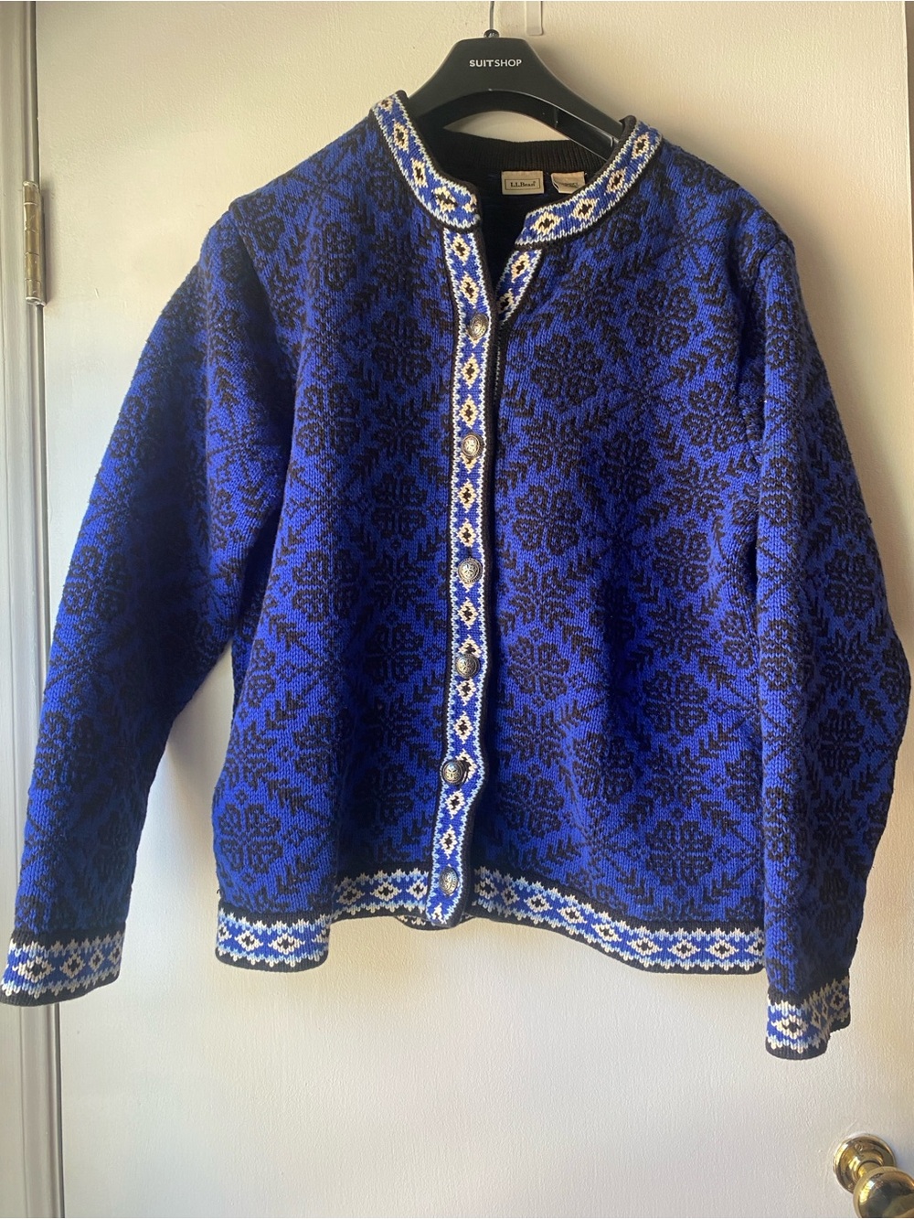 L.L. Bean Women's Royal Blue and Black Patterned Button Cardigan